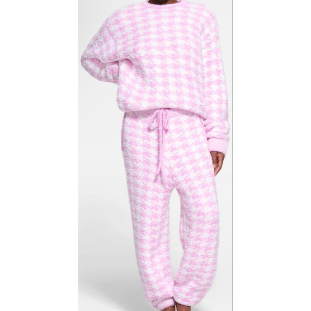Women's Skims Pajamas S Pink White Plush Houndstooth Cozy Knit Set